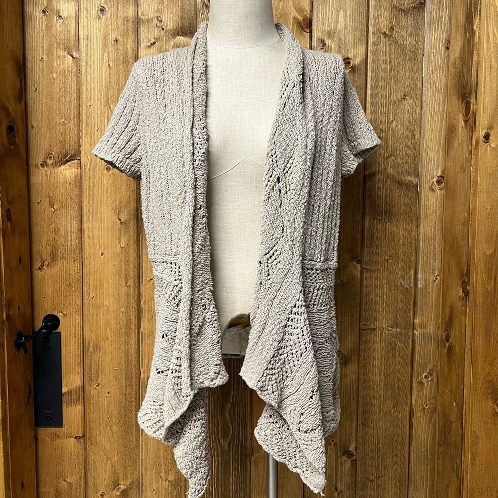 Woolrich XL Dark Stone Beige 100% Cotton Short Sleeve Drape Knitted Cardigan - Picture 2 of 7